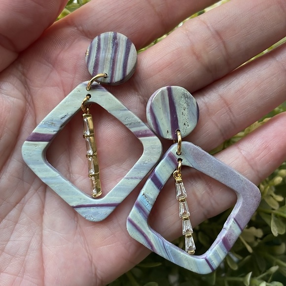 Striped Neutral Dangling CZ Earrings - Picture 3 of 4